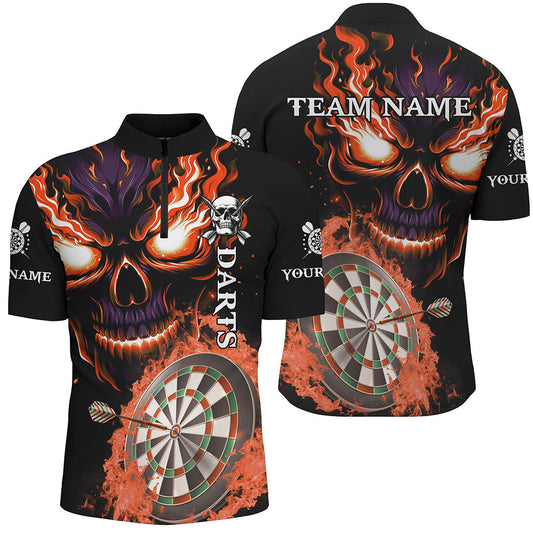 Individuelles Oranges Darts Board Flame Skull Herren Dart Shirts mit Viertelreißverschluss, Dart Trikot Team Uniform TDM2955