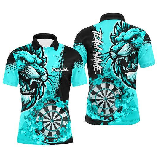 Individuelles türkisfarbenes lustiges Dart-Flammen-Löwen-Dart-Poloshirt für Herren, Dart-Teamtrikot TDM2958