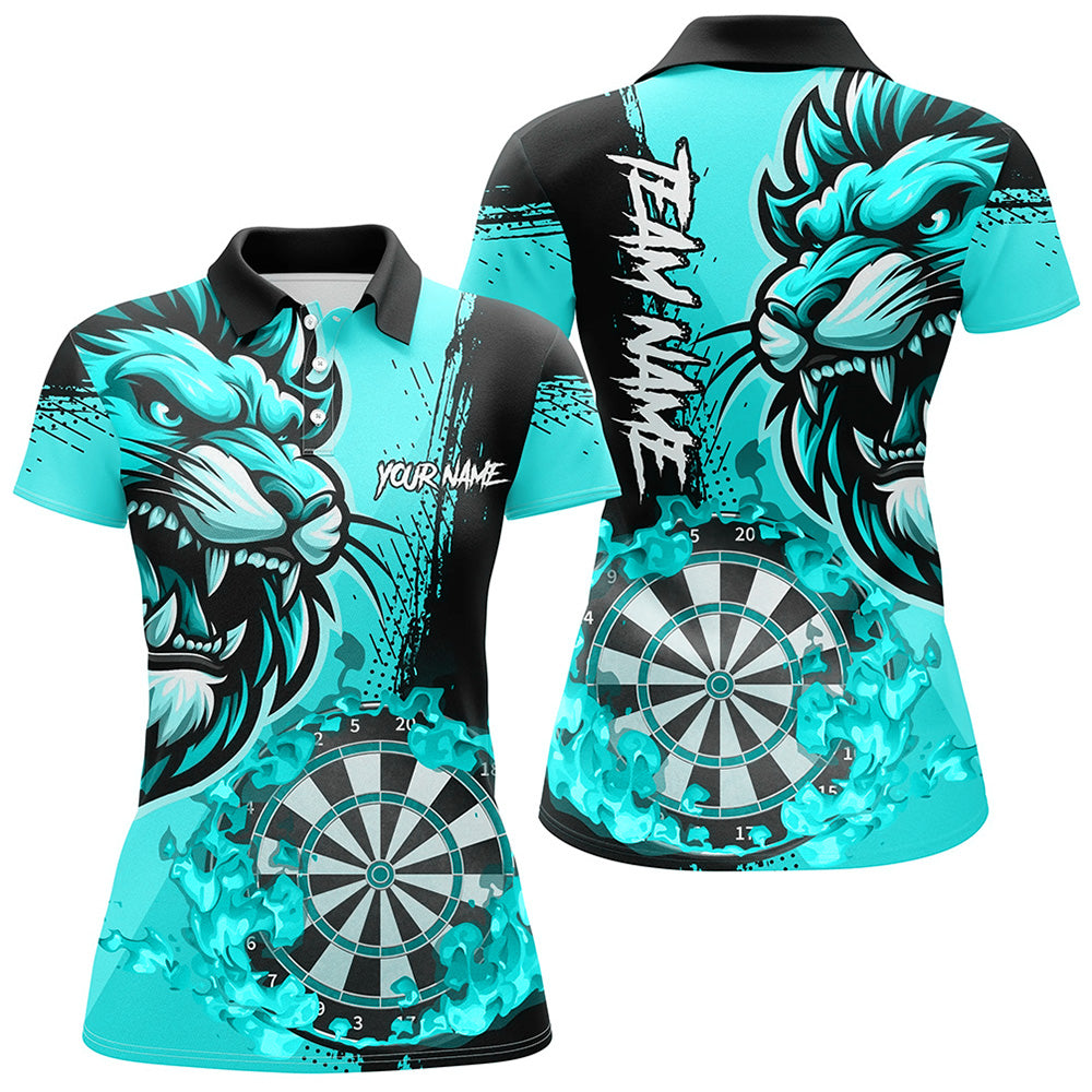 Individuelles Türkises Lustiges Dart Flammen Löwe Dart Poloshirt für Damen, Team Dart Trikot TDM2958