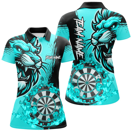 Individuelles Türkises Lustiges Dart Flammen Löwe Dart Poloshirt für Damen, Team Dart Trikot TDM2958
