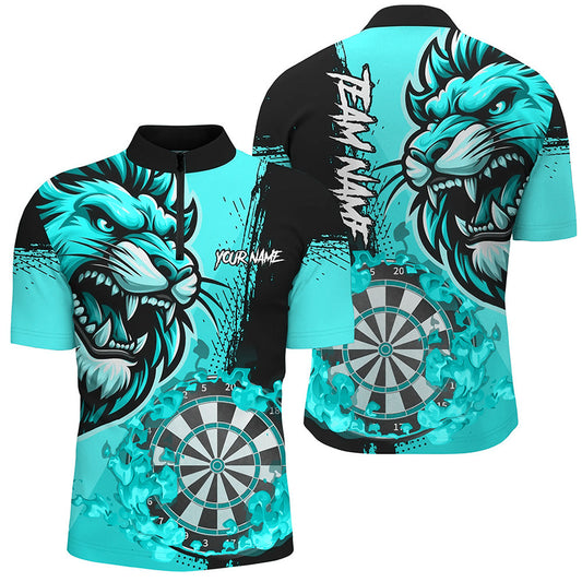 Individuelles Türkises Lustiges Darts Flame Lion Dart Herren Shirt mit Viertelreißverschluss, Team Dart Trikot TDM2958