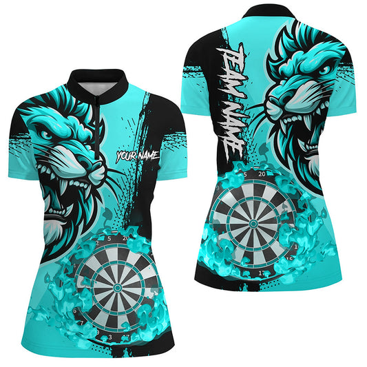 Individuelles Türkises Lustiges Dart Flammen Löwe Dart Damen Quarter Zip Shirts, Dart Team Trikot TDM2958