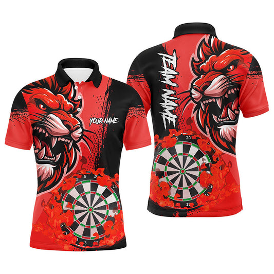 Individuelles rotes lustiges Dart-Flammen-Löwen-Dart-Poloshirt für Herren, Dart-Teamtrikot TDM2959