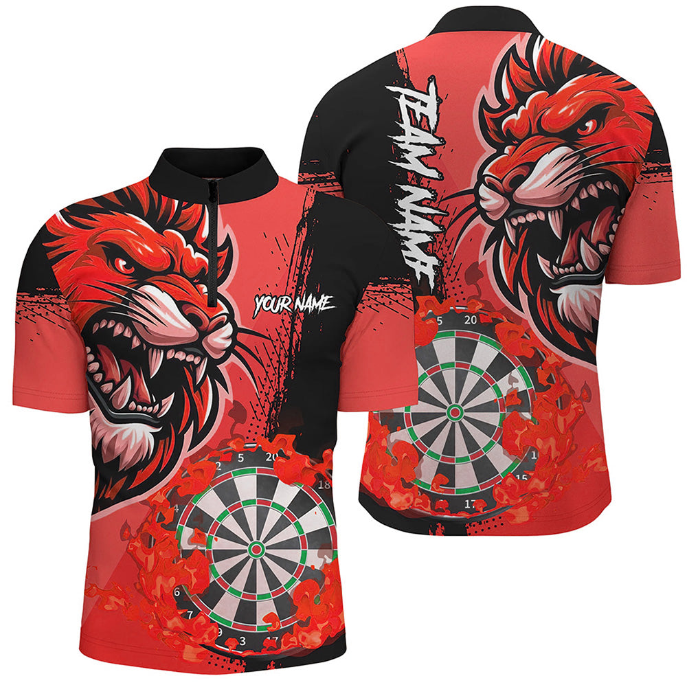 Individuelles Rotes Lustiges Darts Flame Lion Dart Herren Shirt mit Viertelreißverschluss, Team Dart Trikot TDM2959