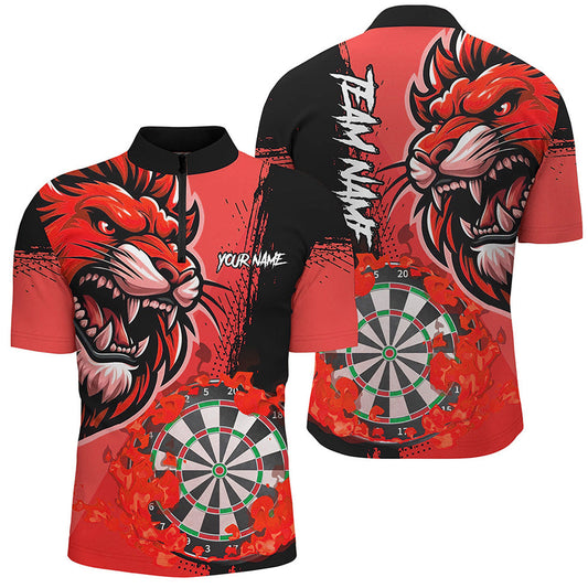 Individuelles Rotes Lustiges Darts Flame Lion Dart Herren Shirt mit Viertelreißverschluss, Team Dart Trikot TDM2959