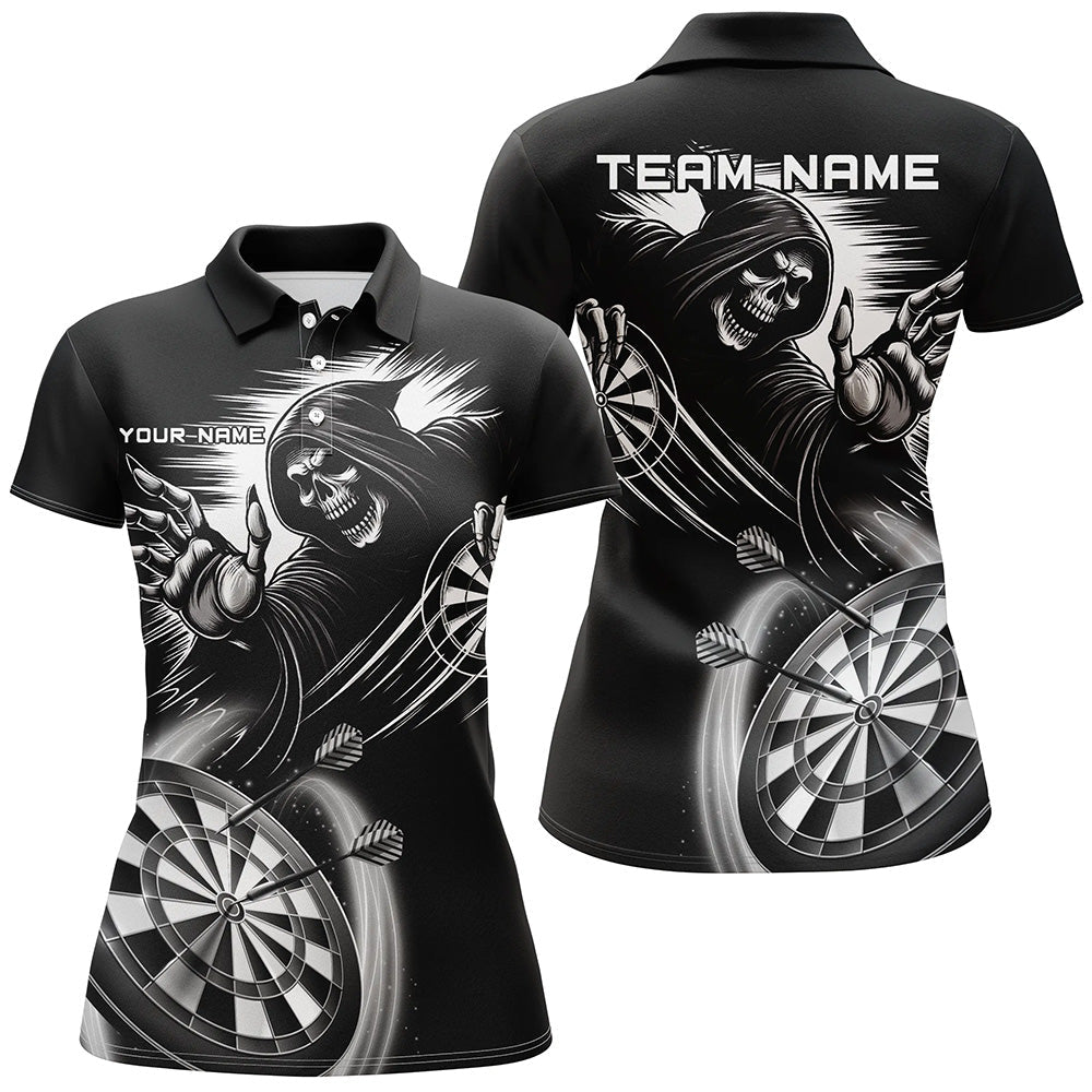 Individuelles Schwarz Weißes Todesskelett Dart Poloshirt für Damen, Dart Trikot Team Uniform TDM2961