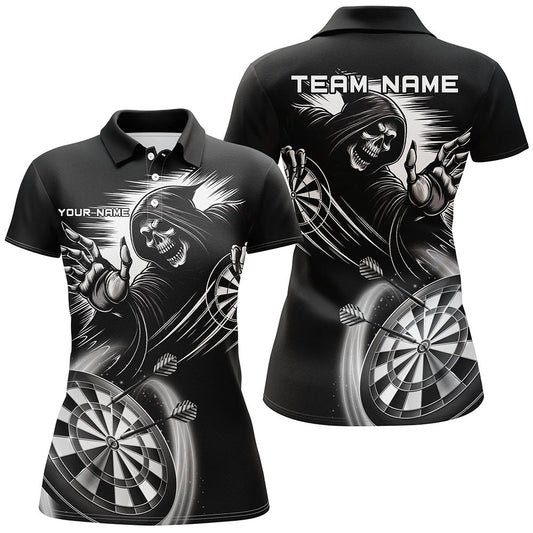 Individuelles Schwarz Weißes Todesskelett Dart Poloshirt für Damen, Dart Trikot Team Uniform TDM2961