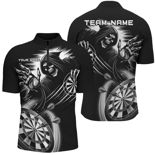 Individuelles Schwarz Weiß Todesskelett Dart Herren Shirt mit Viertelreißverschluss, Dart Trikot Team Uniform TDM2961