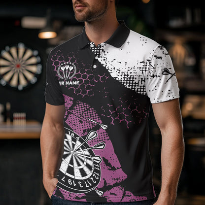 Pink Schwarz Grunge Darts Polo, 1/4 Reißverschluss Maßgeschneiderte Herren Dartshirts Darts Trikots TDM3541