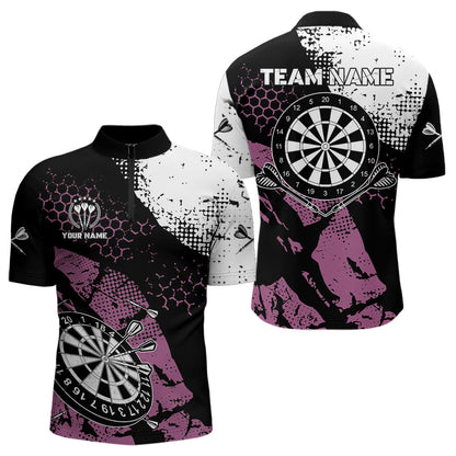 Pink Schwarz Grunge Darts Polo, 1/4 Reißverschluss Maßgeschneiderte Herren Dartshirts Darts Trikots TDM3541