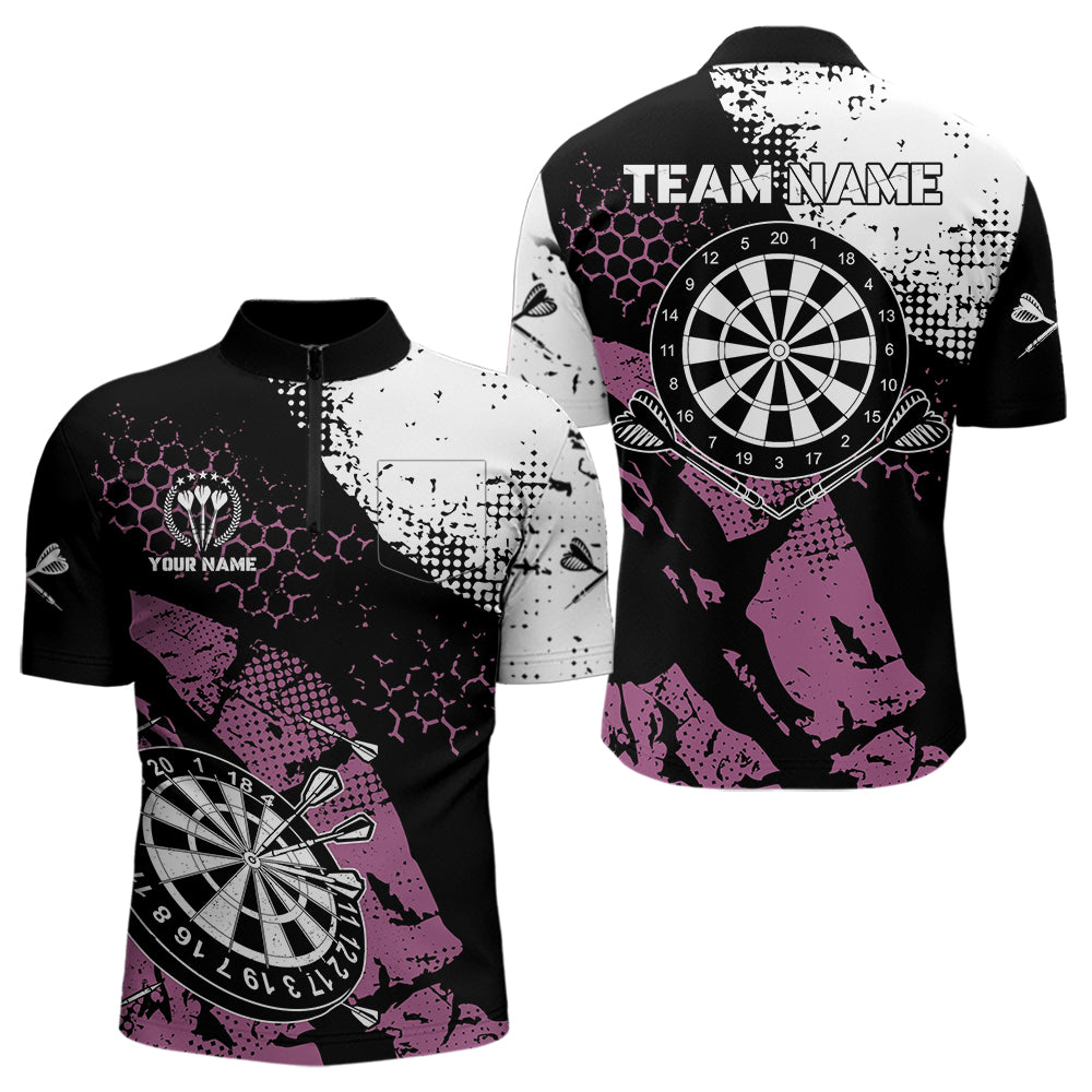 Pink Schwarz Grunge Darts Polo, 1/4 Reißverschluss Maßgeschneiderte Herren Dartshirts Darts Trikots TDM3541
