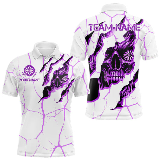 Individuelle Schädel weiß-lila Grunge-Dart-Poloshirts für Herren, Dart-Teamtrikots TDM3704