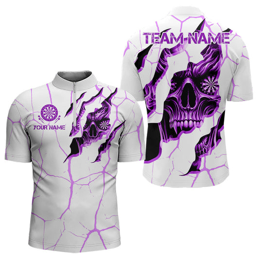 Individuelles Skull Weiß Lila Grunge Darts Viertelreißverschluss Shirts Herren, Dart Team Trikots TDM3704