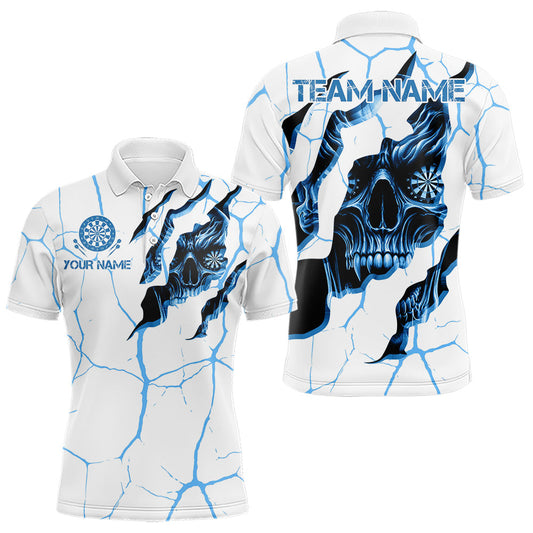 Personalisierte Schädel weiß-blau Grunge-Dart-Poloshirts für Herren, Dart-Teamtrikots TDM3705
