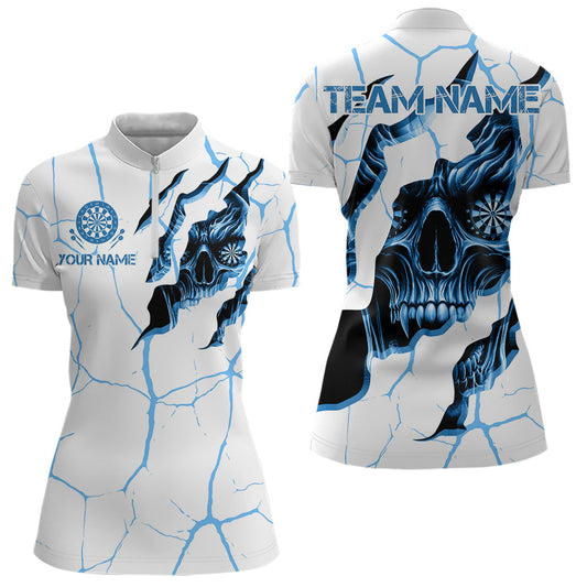 Personalisiertes Schädel Weiß Blau Grunge Darts Damen Quarter Zip Shirt, Dart Team Trikots TDM3705