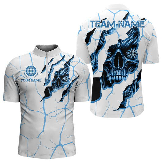 Personalisiertes Skull Weiß Blau Grunge Darts Viertelreißverschluss Shirts Herren, Dart Team Trikots TDM3705