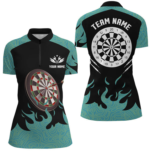 Individuelles schwarzes und türkises Dartboard Damen Quarter Zip Shirt, Dart Team Uniform TDM1426