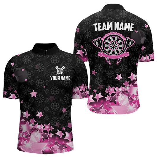 Individuelles Lustige Dart Viertelreißverschluss Herren Shirt – Pink Schwarz Leuchtendes Stern Muster TDM3885