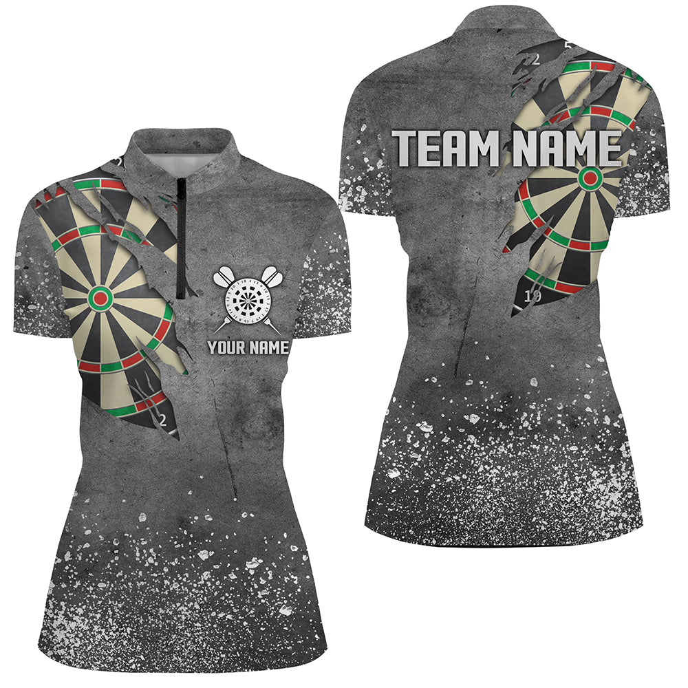 Individuelles Grunge Graues Dartboard Dart Quarter Zip Shirt Für Damen, Dart Trikots TDM1996