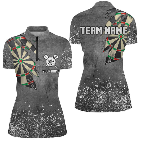 Individuelles Grunge Graues Dartboard Dart Quarter Zip Shirt Für Damen, Dart Trikots TDM1996