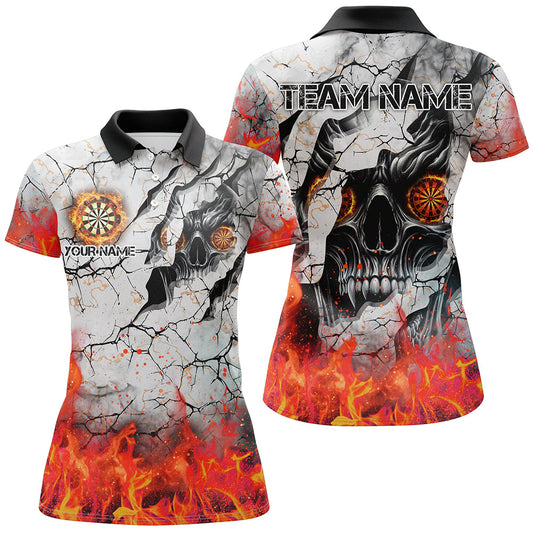 Totenkopf-Rissmuster Damen-Dartshirts, personalisiertes Feuer-Flammen-Darttrikot Team-Uniform | Orange TDM2971