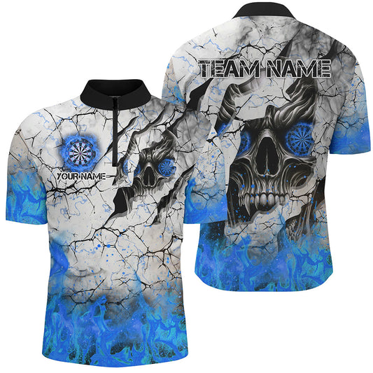 Individuelles Skull Crack Dart Herren Shirt mit Viertelreißverschluss, Fire Flame Dart Trikot Team Uniform TDM2972