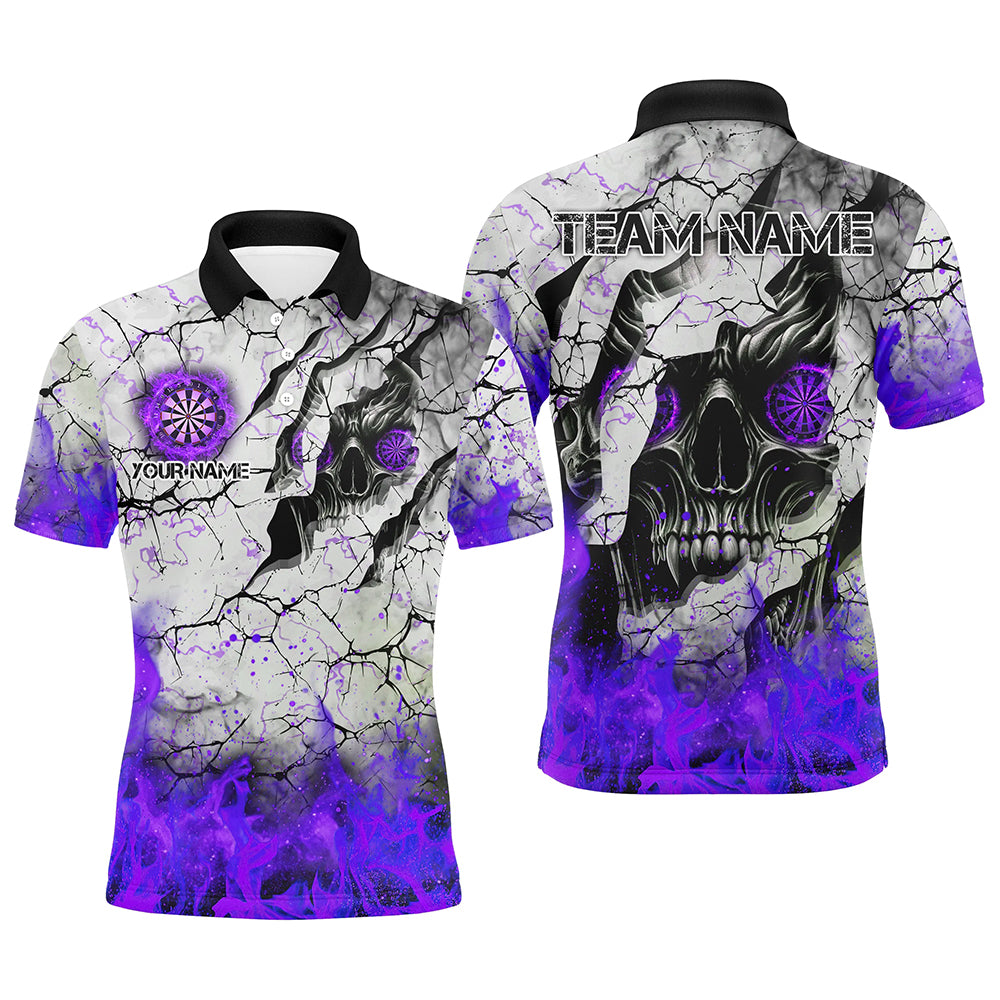 Individuelles Totenschädel-Riss-Dart-Poloshirt für Herren, Fire Flame Dart-Team-Uniformtrikot Lila TDM2973