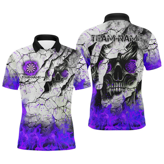Individuelles Totenschädel-Riss-Dart-Poloshirt für Herren, Fire Flame Dart-Team-Uniformtrikot Lila TDM2973
