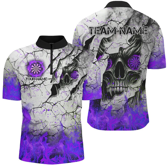 Individuelles Skull Crack Dart Herren Shirt mit Viertelreißverschluss, Fire Flame Dart Trikot Team Uniform Lila TDM2973