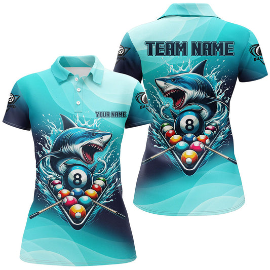 Blaues Poolball-Hai Poloshirt für Damen, individuelles Teamliga-Billardtrikot TDM2969