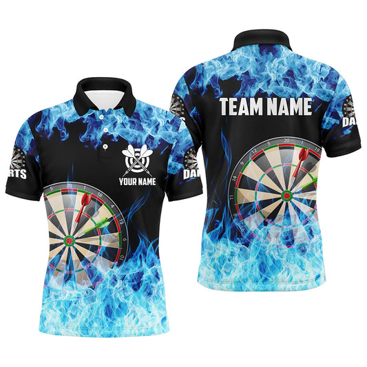 Individuelles Blaues Feuer Flamme Dartboard Herren Poloshirt, Dart Shirts Für Team Dart Trikot TDM1227