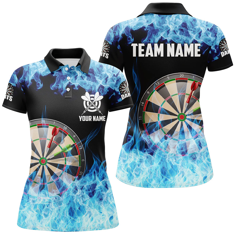Individuelles Blaues Feuer Flamme Dartboard Herren Poloshirt, Dart Shirts Für Team Dart Trikot TDM1227