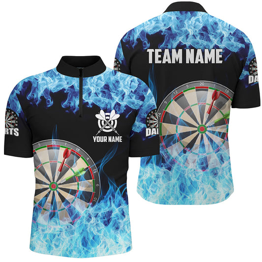 Individuelles Blaue Feuerflamme Dartboard Herren Shirt mit Viertelreißverschluss, Dart Team Trikot TDM1227