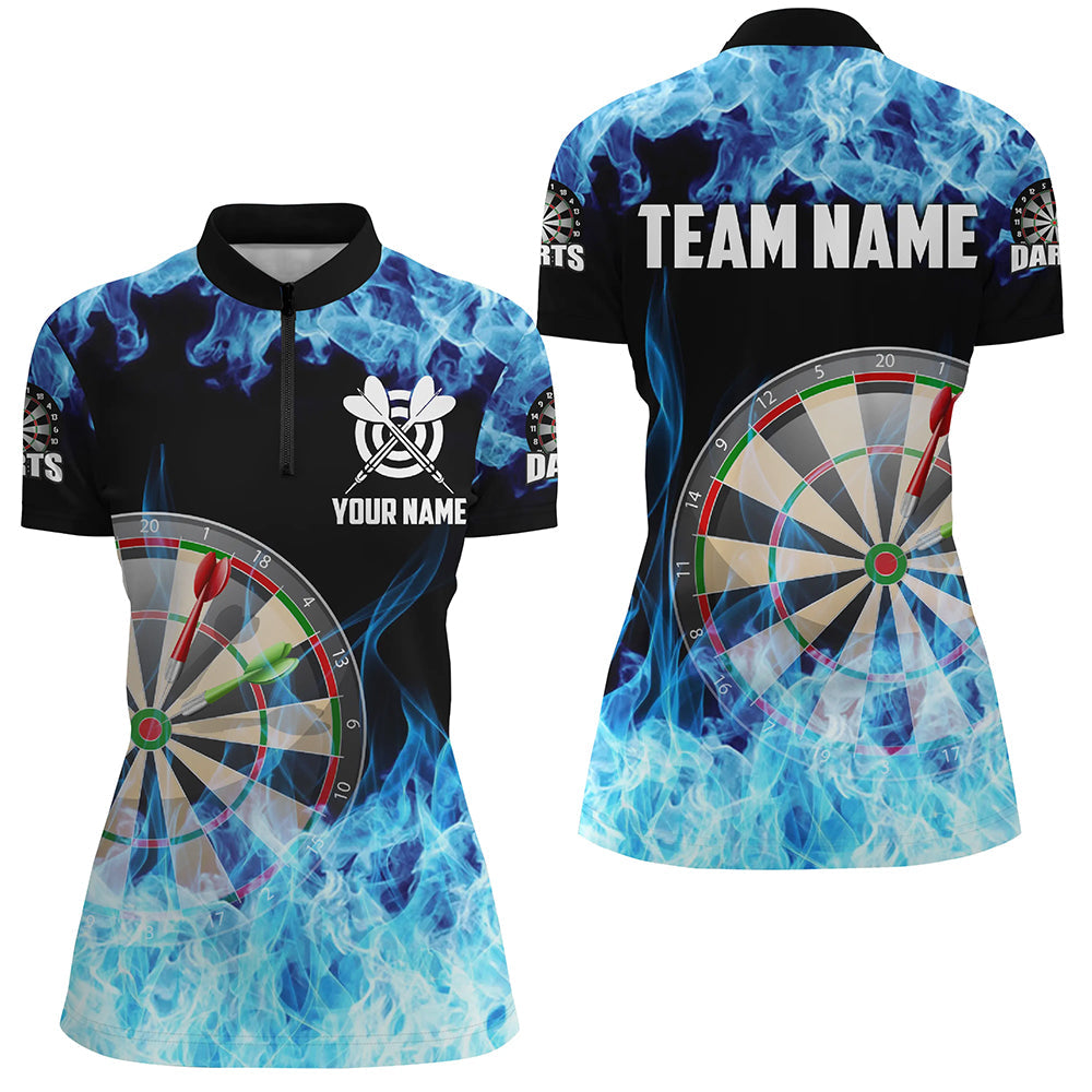 Individuelles Blau Feuer Flamme Dartboard Damen Quarter Zip Shirt, Dart Shirts Für Team Dart Trikot TDM1227