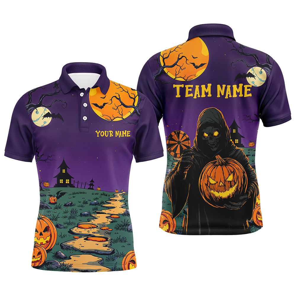 Individuelles Lila Halloween-Spuk-Nacht-Dart-Poloshirt für Herren, Gruseliger Skelett-Dart-Outfit TDM2738