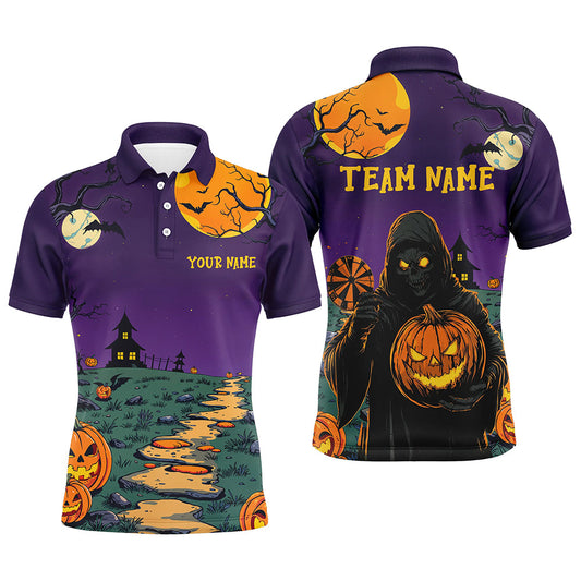 Individuelles Lila Halloween-Spuk-Nacht-Dart-Poloshirt für Herren, Gruseliger Skelett-Dart-Outfit TDM2738