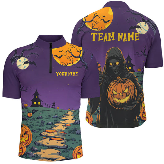 Individuelles Lila Halloween Spook Night Dart Herren Shirt mit Viertelreißverschluss, Gruseliges Skelett Dart Outfit TDM2738