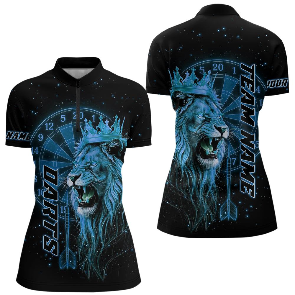 Schwarzes Und Blaues Lustiges Löwenkronen-Dartshirt Für Damen – Liga-Teamtrikot Polo & 1/4 Zip TDM5001