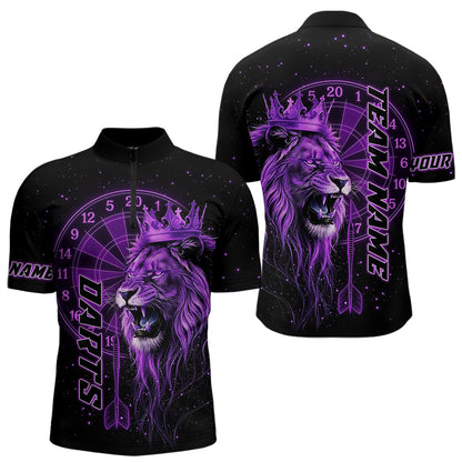 Schwarzes Und Lila Lustiges Löwenkronen-Dartshirt Für Herren – Liga-Teamtrikot Polo & 1/4 Zip TDM5002