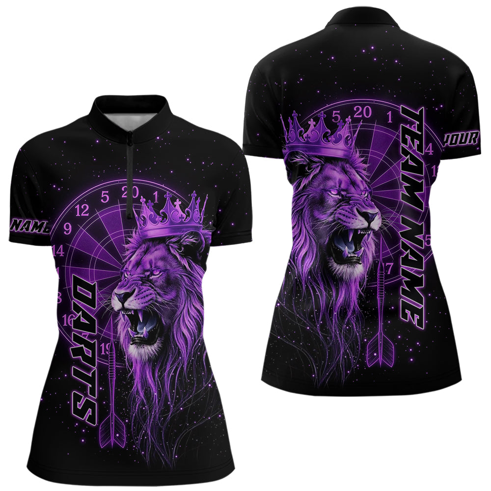 Schwarzes Und Lila Lustiges Löwenkronen-Dartshirt Für Damen – Liga-Teamtrikot Polo & 1/4 Zip TDM5002