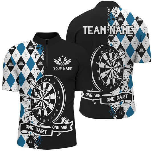 One Dart One Win Individuelles Argyle Dart Herren Shirt mit Viertelreißverschluss, Lustiges Team Dart Trikot TDM3227