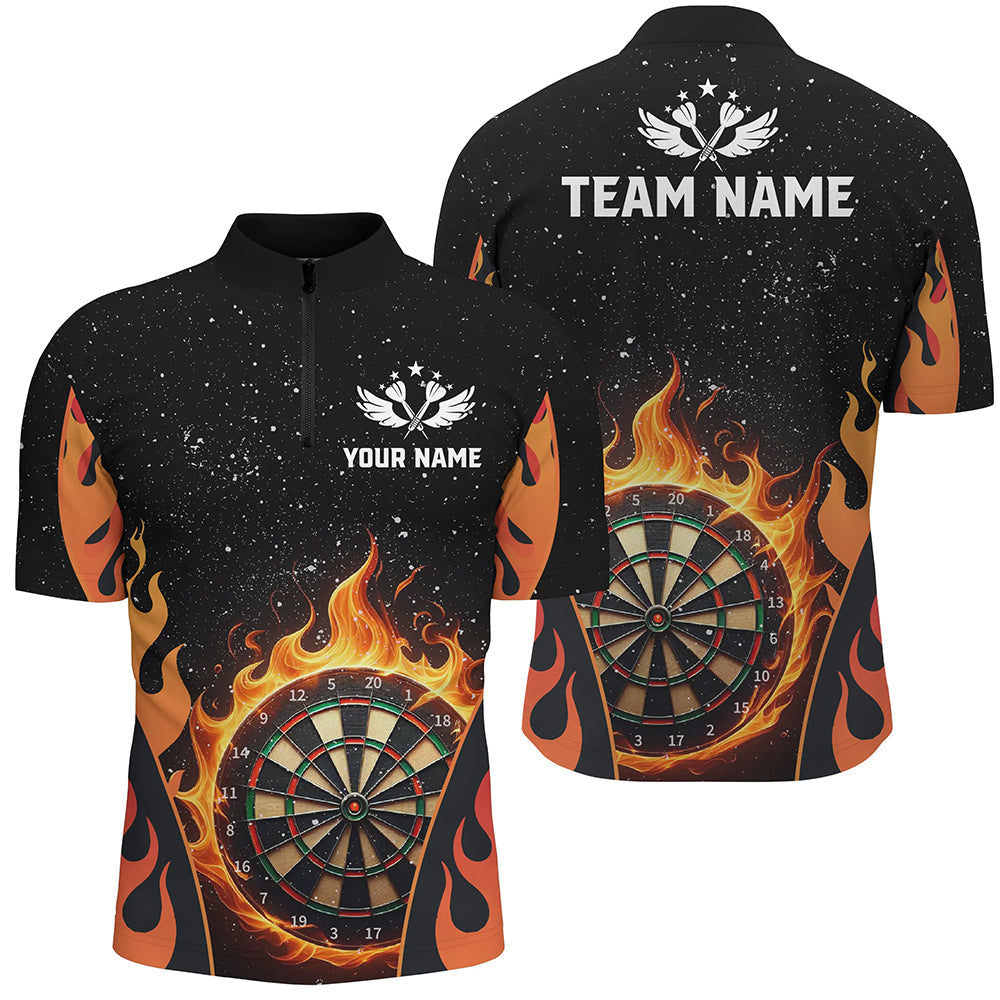 Orangenes Dart Flammen Dart Herren Shirt mit Viertelreißverschluss, Dart Team Liga Trikot TDM1455