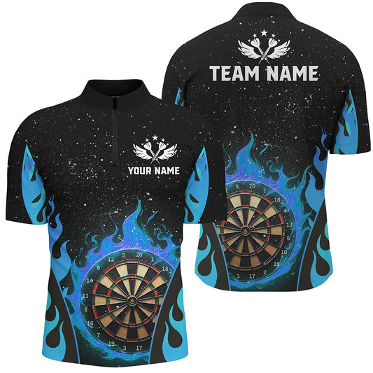 Blaues Dart Flammen Dart Herren Shirt mit Viertelreißverschluss, Dart Team Liga Trikot TDM1456