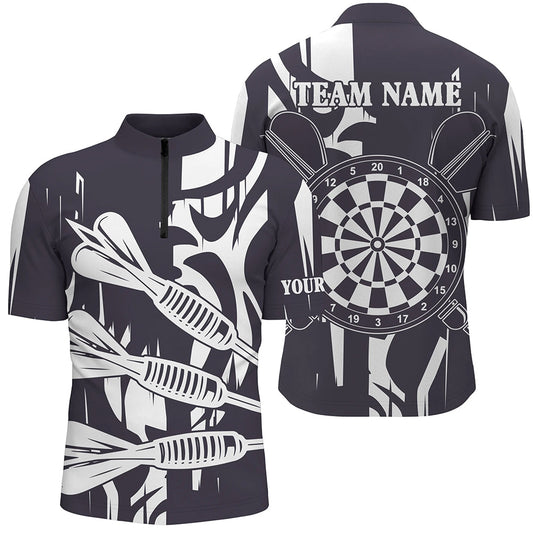 Individuelles Schwarz Weiß Große Pfeil Dart Herren Shirt mit Viertelreißverschluss, Darts Turnier Trikot TDM2506