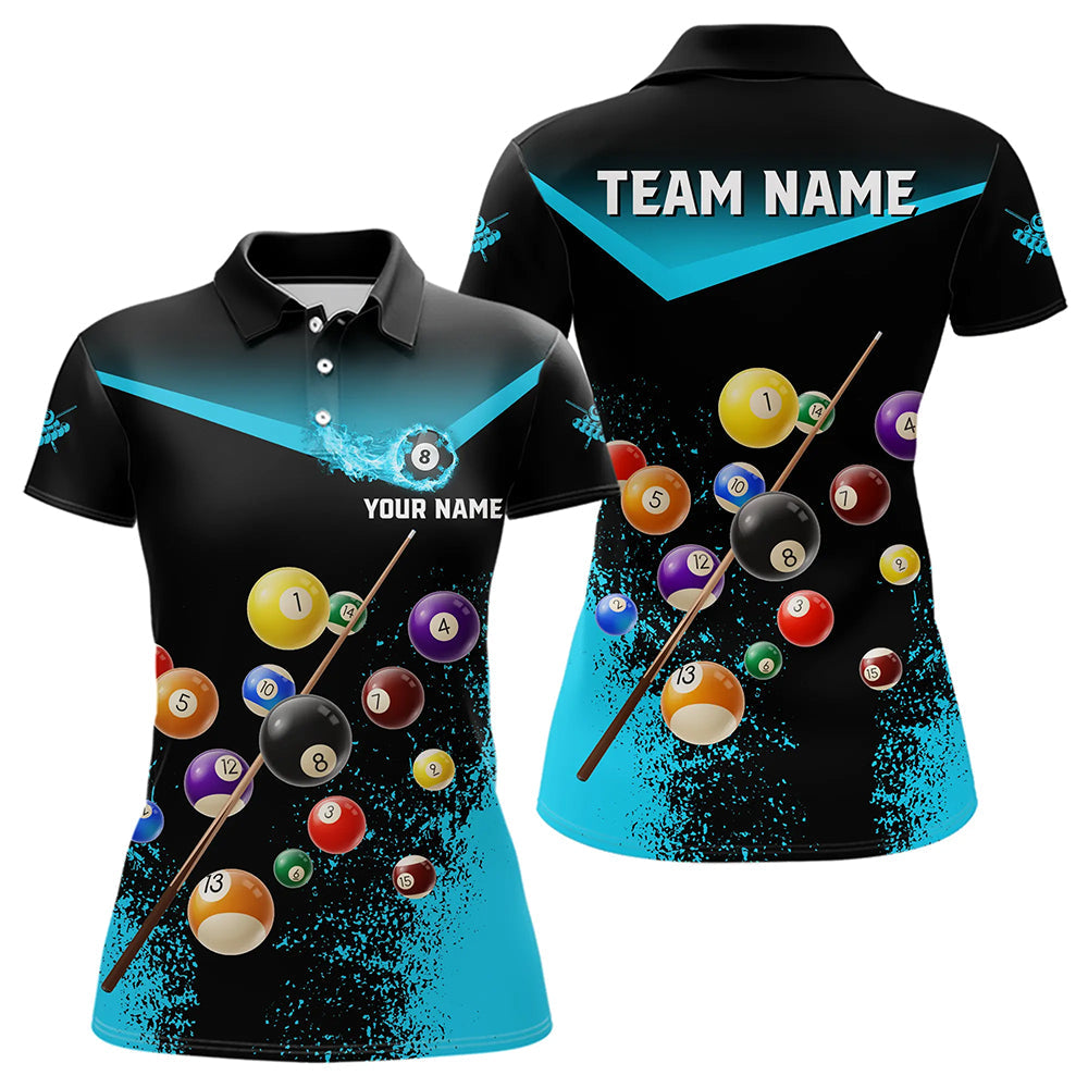 Grunge Blau-Schwarz 3D-Poolkugeln-Poloshirt für Damen, individuelles Billardteam-Trikot TDM3440