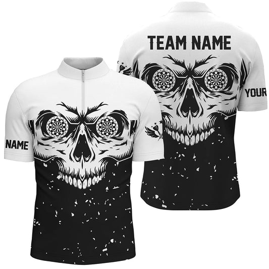 Grunge Schwarz Weiß Totenkopf Dart Herren Shirt mit Viertelreißverschluss, Dart Team Liga Shirts TDM1470