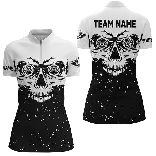 Individuelles Grunge schwarzes weißes Skull Dart Quarter Zip Shirt für Damen, Dart Team Liga Trikots TDM1470
