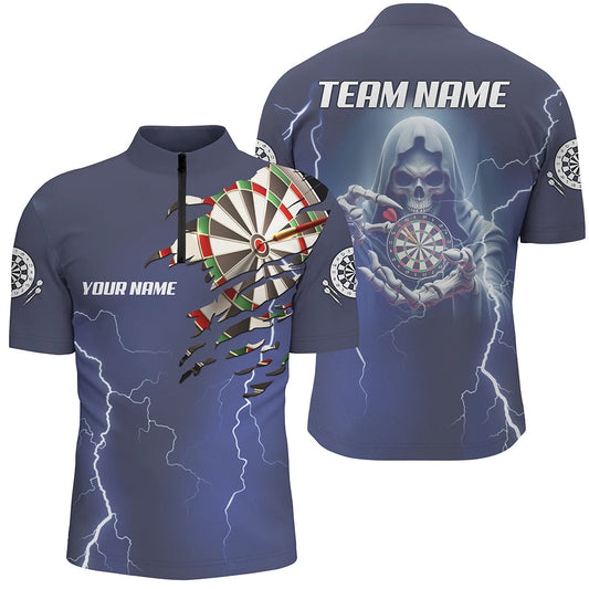 Skelett Dart Blitz Donner Blaues Dart Herren Shirt mit Viertelreißverschluss, Dart Trikot TDM1471