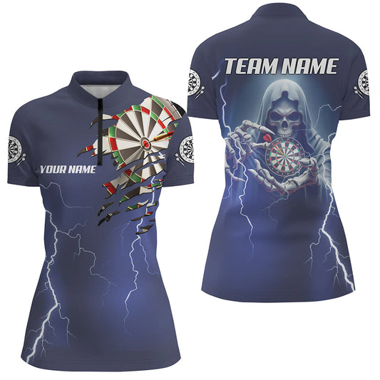 Individuelles Skeleton Dart Thunder Lightning blaues Dart Quarter Zip Shirt für Damen, Darttrikot TDM1471