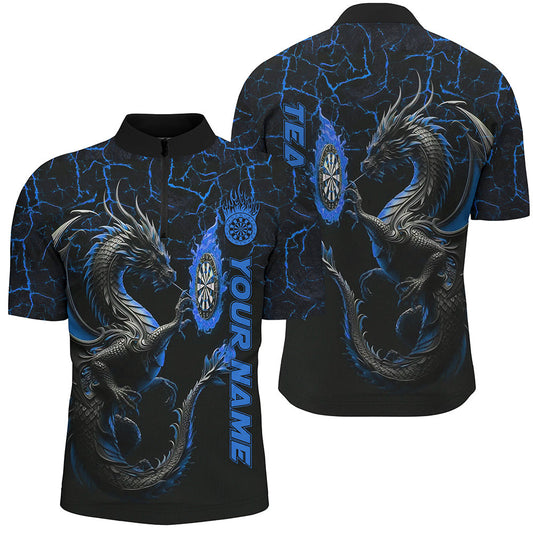 Individuelles Blau Großes Drachen Dart Herren Shirt mit Viertelreißverschluss, Dart Trikot Team Liga TDM3006